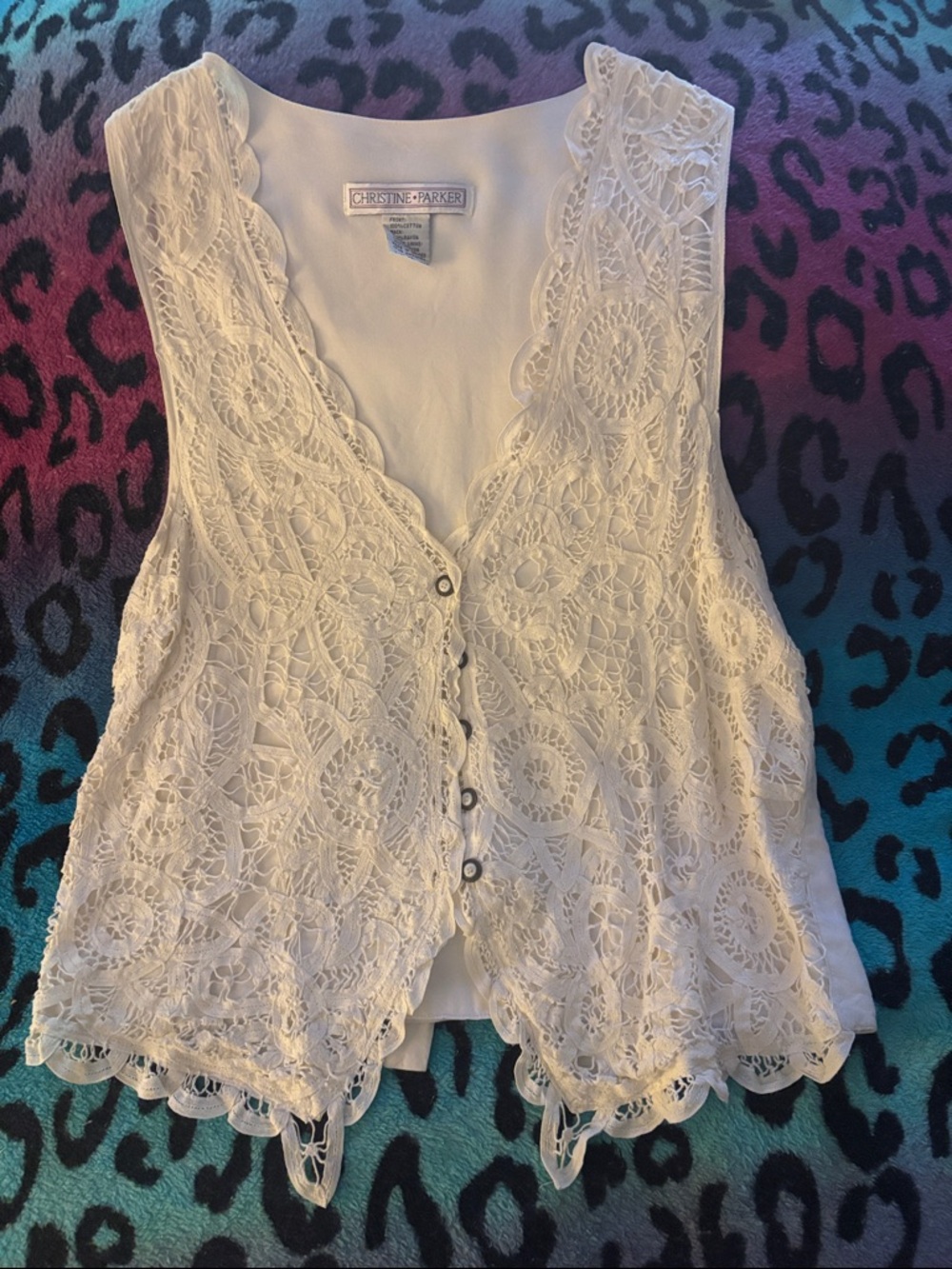 Vintage Christine Parker White Lace Button-Front Vest Medium